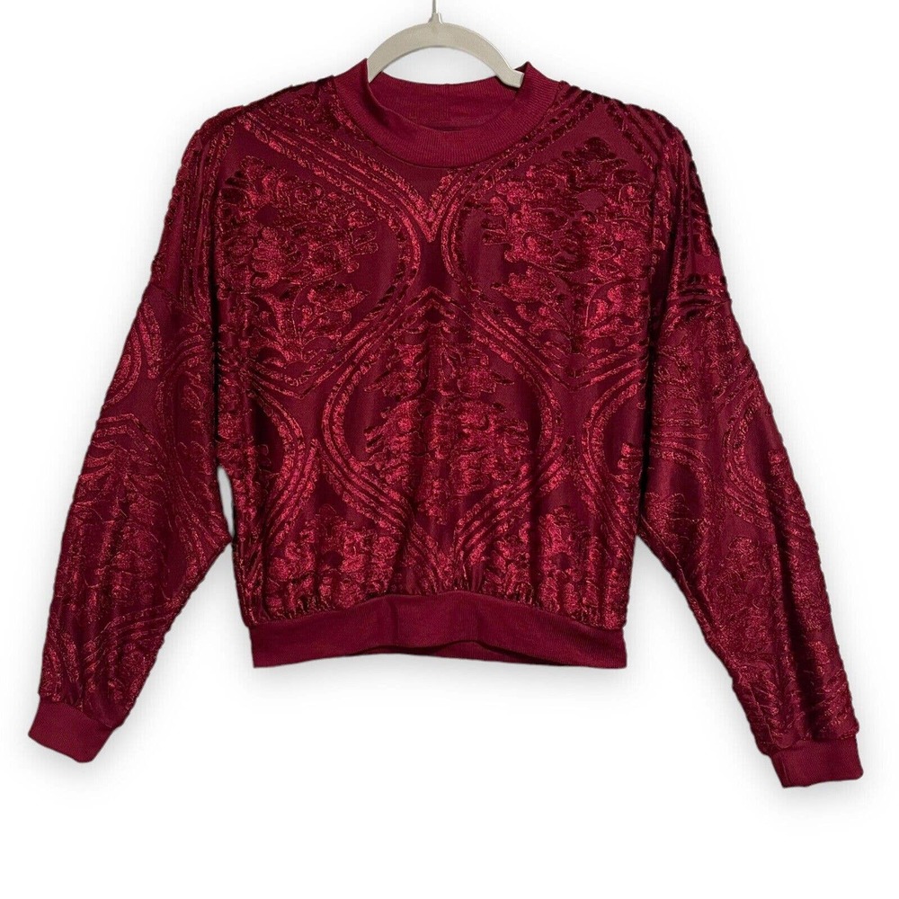 Topshop Burgundy Red Wine Velvet Velour Paisley Jacquard Sweatshirt Size 2